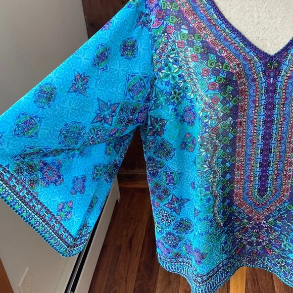 Belle Kim Gravel v neck shear printed boho kimono sleeve pull over poncho Sz Xl - Picture 2 of 9